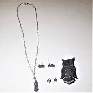 Pewter Owl Jewelry Set: 15" Choker Necklace Earrings & Brooch Vintage Boho